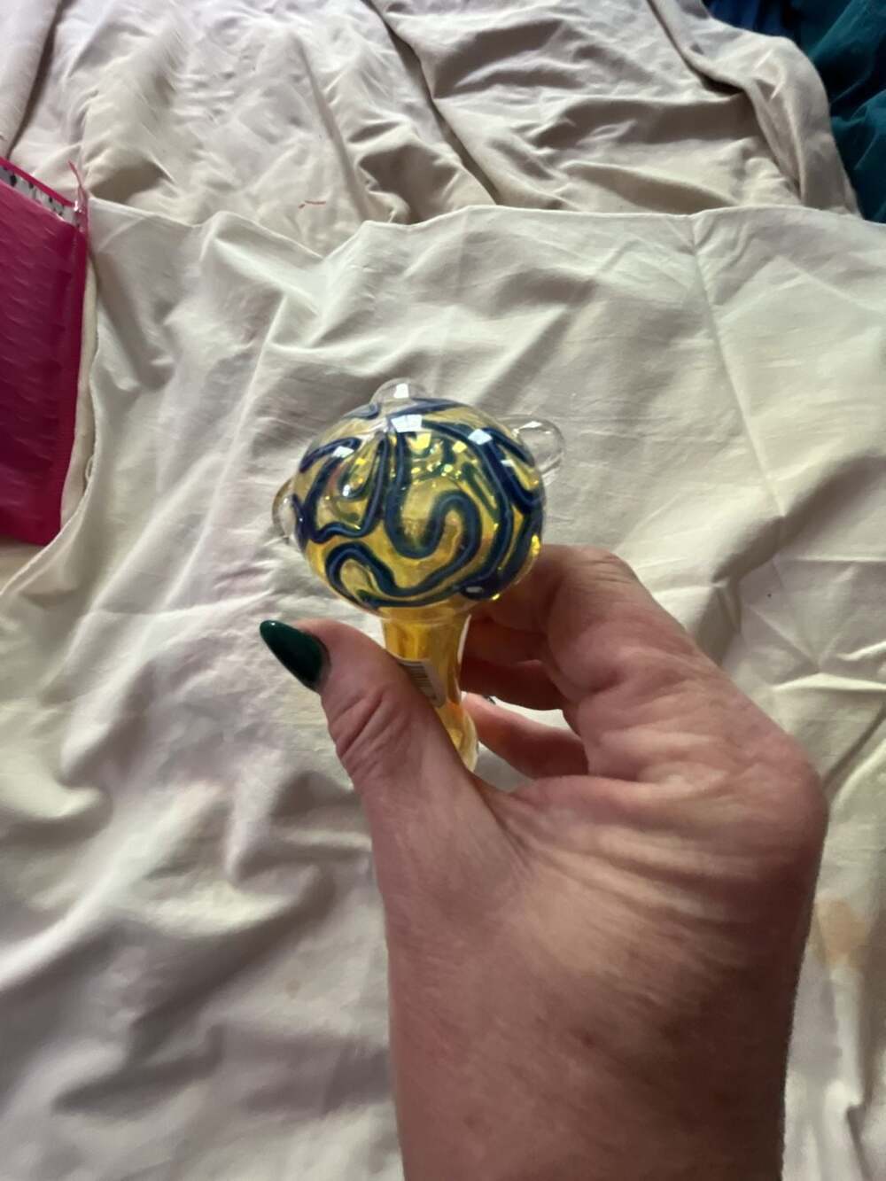 Fumed Glass Spoon Piece with Blue Swirl Accents and White Confetti Detail - Picture 6 of 9